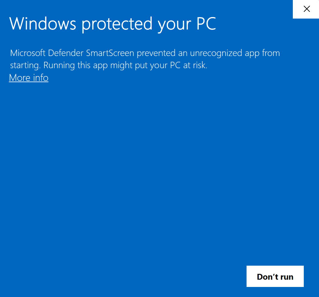 Windows protected your PC. Microsoft Defender SmartScreen prevented an unrecognized app from starting. More info is highlighted.