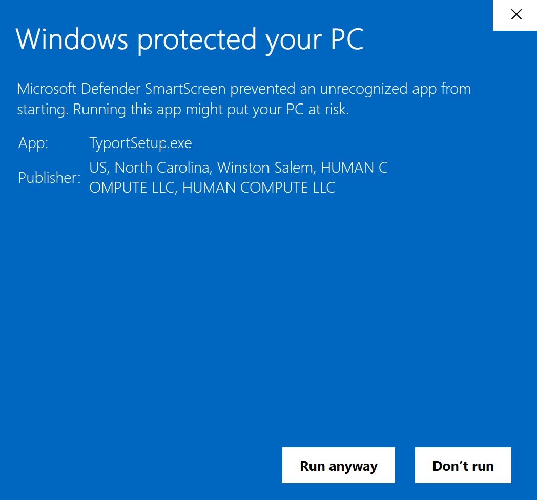 The same screen after More info: App TyportSetup.exe, Publisher HUMAN COMPUTE LLC, and the Run anyway button, both highlighted.